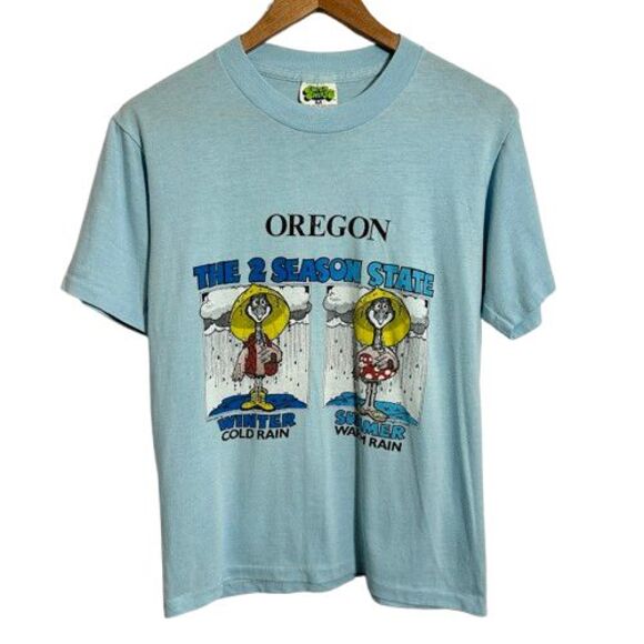 VTG 80s Oregon Graphic T Shirt S/M Blue Rainy Weather Single Stitch Super Shirts - Picture 1 of 11